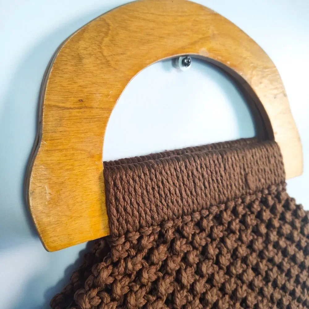 Vintage Crochet Knit Bag Wooden Handles‎ Chic Brown Cottagecore Boho Handmade